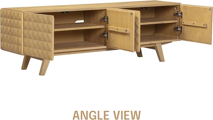 NTC Sapa Mid-Century Modern Solid Wood TV Stand 4-Door Media Console with Carved Geometric Fronts for TVs up to 75", Effortless Assembly, Sand-Ruum Studio Home