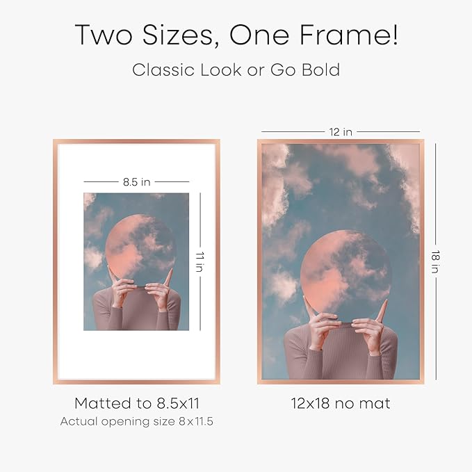 Homeforia 12x18 Picture Frame Rose Gold, High End Metal 12x18 Poster Frames with Mat 8.5x11 in Photo, 12 x 18 Rose Gold Frame Matted to 8.5 by 11 Print, 18x12 Frame, Tempered Glass, Wall Kit, Set of 1-Ruum Studio Home