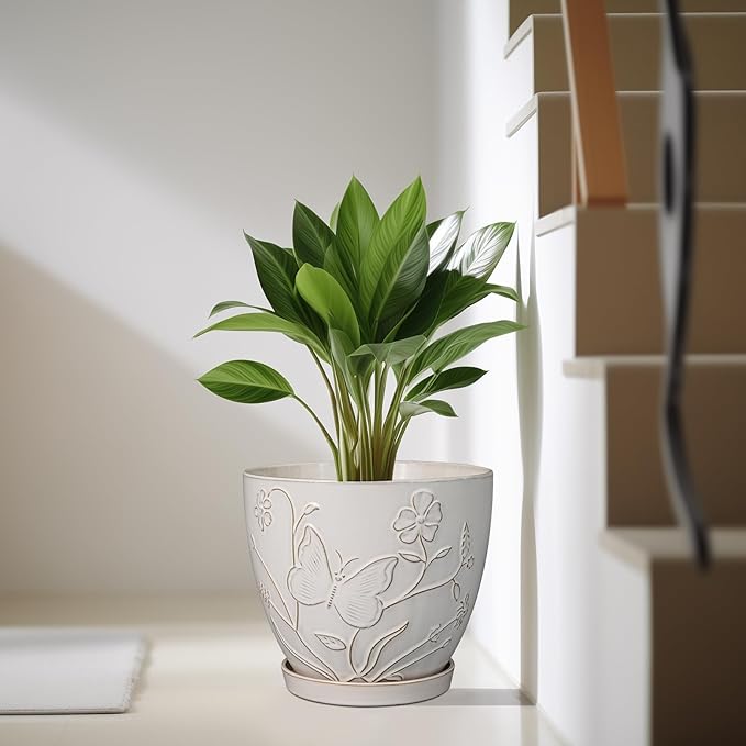 10 Inch Plant Pot Ceramic Planter Pot with Drainage Hole and Saucer Round Planter Large Flower Pot for Indoor Outdoor Plants Home Garden Decor White-Ruum Studio Home
