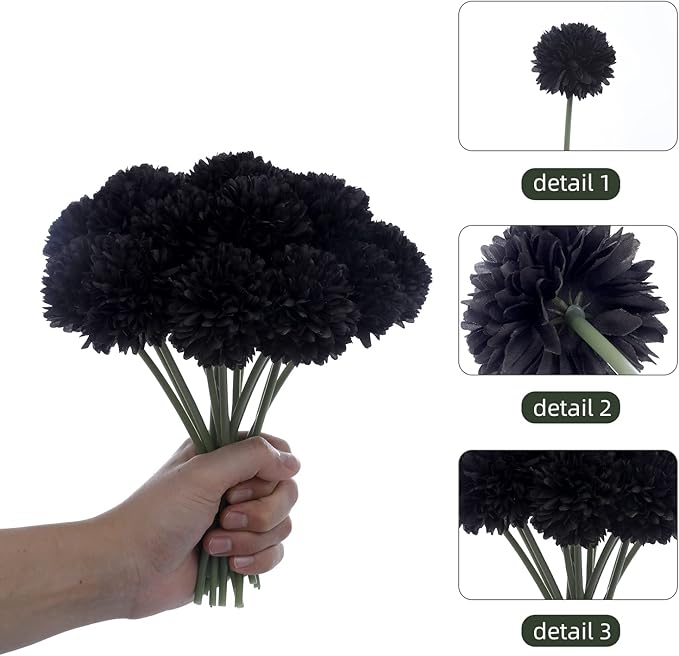 Kimura's Cabin 20Pcs Black Fake Ball Flowers Artificial Silk Chrysanthemums Faux Mums Flower Bouquets for Halloween Home Festive Party Decor Kitchen Table Centerpiece(Black)-Ruum Studio Home