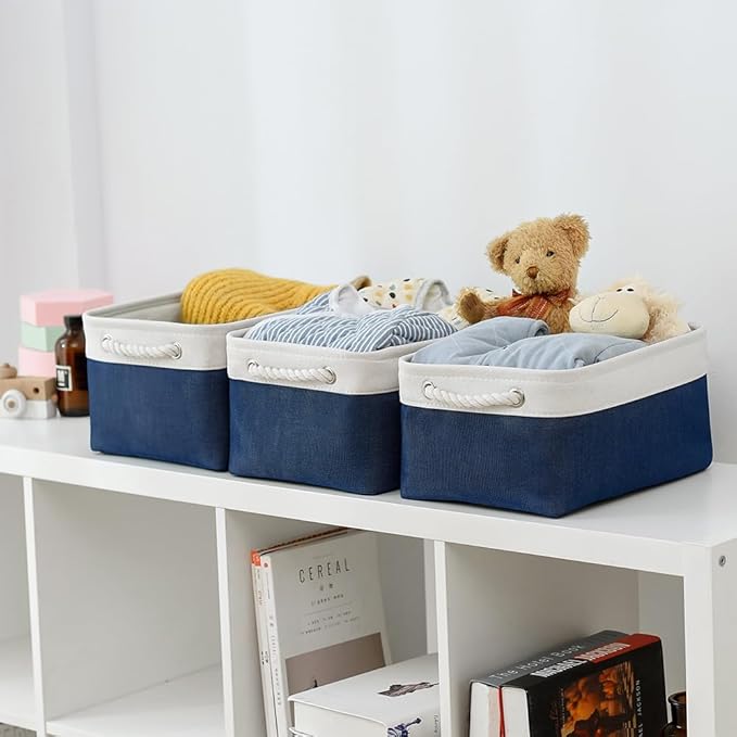 TheWarmHome Storage Basket for Organizing - Medium 3 Pack 14x10x7 inch Fabric Storage Cubes for Shelves with Rope, Collapsible Storage Bin for Organizer Closet Cloth Gift Toy (White & Jean Blue)-Ruum Studio Home