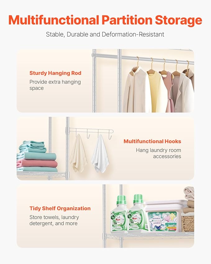 VEVOR Over The Washer and Dryer Storage Shelf, 5 Tier Laundry Room Drying Rack with Hanger Rod and Hooks, Adjustable Over Washer and Dryer Shelves, Laundry Room Shelf Storage Space Saver, White-Ruum Studio Home