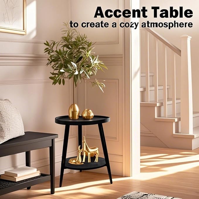 Small Round Side Table, 2-Tier Mid Century Modern Side Table, Round End Table Small Side Table for Living Room, Metal Frames, Black-Ruum Studio Home