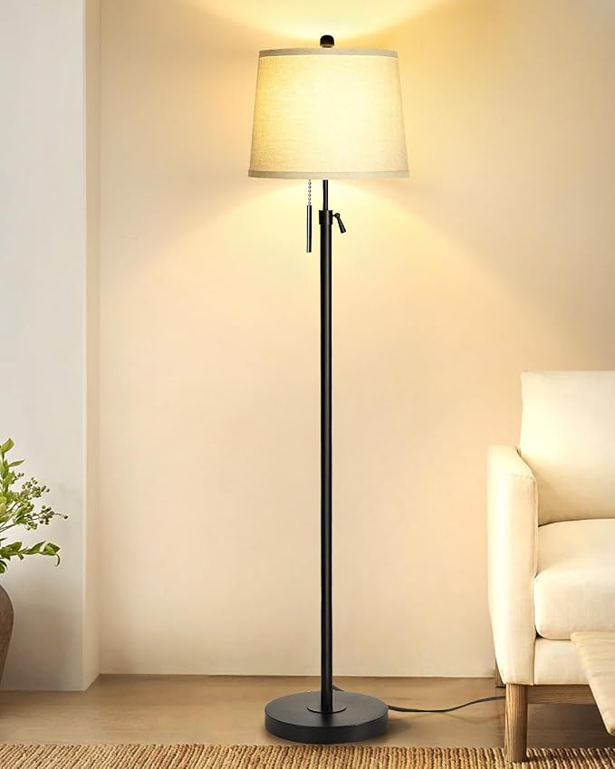 Floor Lamps for Living Room, Black Floor Lamp Adjustable Height Standing Lamp, Dimmable Modern Tall Floor Lamp for Bedroom Office with Beige Linen Shade, 8W 3000K Bulb Included-Ruum Studio Home