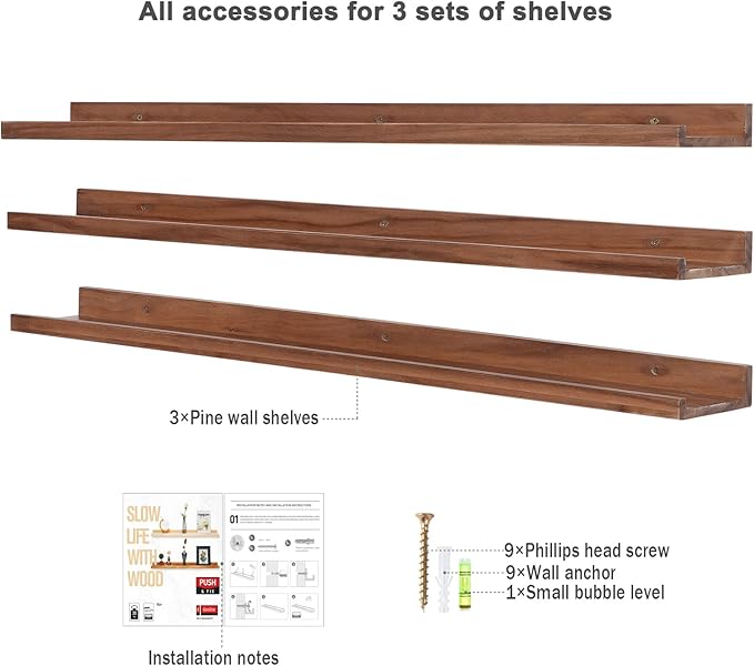 AZSKY 48 Inch Long Floating Shelves Wall Mounted Light Walnut Narrow Photo Picture Ledge Shelves Set of 3 Nursery Book Shelves Photo Frames Display Shelves Kitchen Spice Rack-Ruum Studio Home