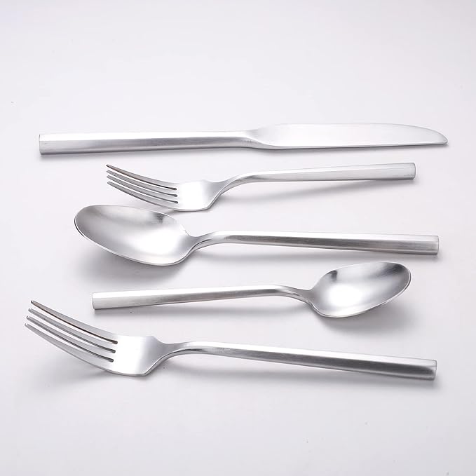 Matte Silverware Set Silver Flatware Set with Hexagon Handle 20 Pieces 18/0 Stainless Steel Cutlery Set Wedding Housewarming Gift Service for 4 (Matt silver)-Ruum Studio Home