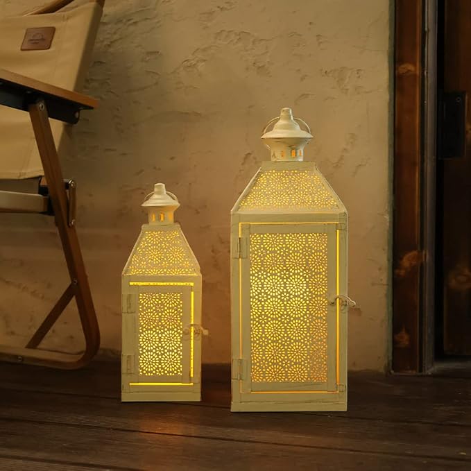 NEEDOMO 2Pack Outdoor Lantern, 16" Large White Candle Lanterns Decorative Indoor, Metal Frame with Glass, Vintage Farmhouse Lantern Decor for Front Porch, Garden, Patio, Pathway, Balcony,Yard-Ruum Studio Home