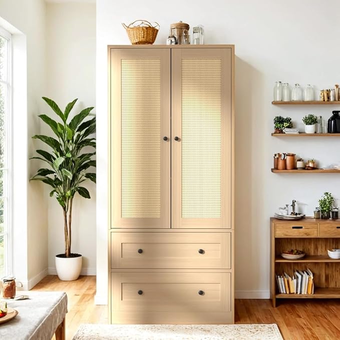 Rattan Oak Kitchen Pantry, 64.2" Tall Storage Cabinet with Doors and Drawers, Freestanding Wooden Storage Organizer for Kitchen, Dining Room-Ruum Studio Home