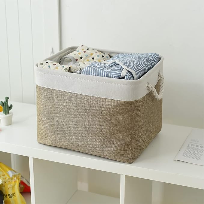 TcaFmac Organization and Storage Basket for Shelves - 16x12x12 inch Large 2 Pack Collapsible Storage Bins for Organization, Fabric Storage Cubes for Box Cloth Toy Books Kids (White & Khaki)-Ruum Studio Home