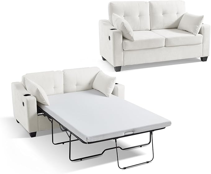 Pull Out Sofa Bed, Full Size Sleeper Sofa, 2-in-1 Convertible Corduroy Couch with USB Charging, Memory Form Couch for Living Room, Apartment and Small Space (Beige, Chenille - Full Size)-Ruum Studio Home