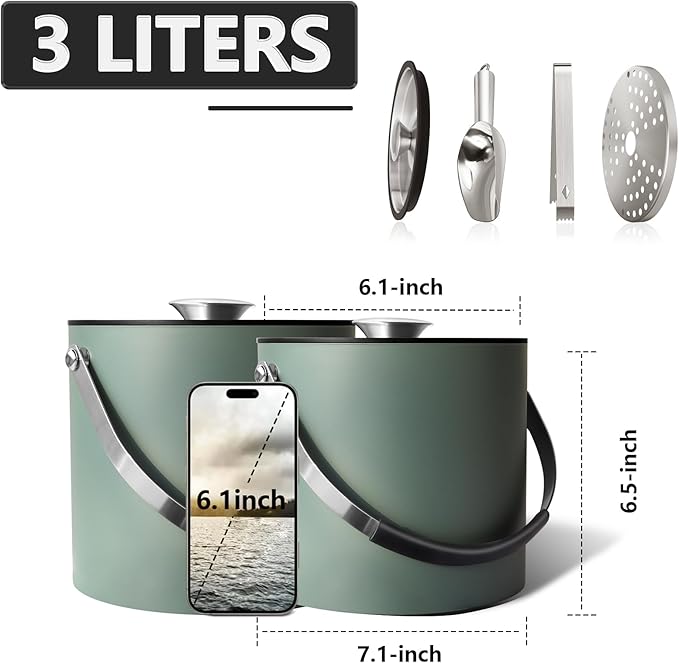 3L Ice Bucket with Silicone Lid, Scoop, Tongs & Strainer, Stainless Steel Double Wall Insulated Ice Buckets for Parties & Cocktail Bar, Outdoor Champagne Ice Container Bin, Dusty Green-Ruum Studio Home