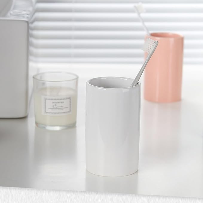 White Ceramic Toothbrush Holder, Tumbler Cups Reusable Toothbrush Mouthwash Cup,Makeup Brush Holder, Bathroom Counter Organizer(300ml)-Ruum Studio Home