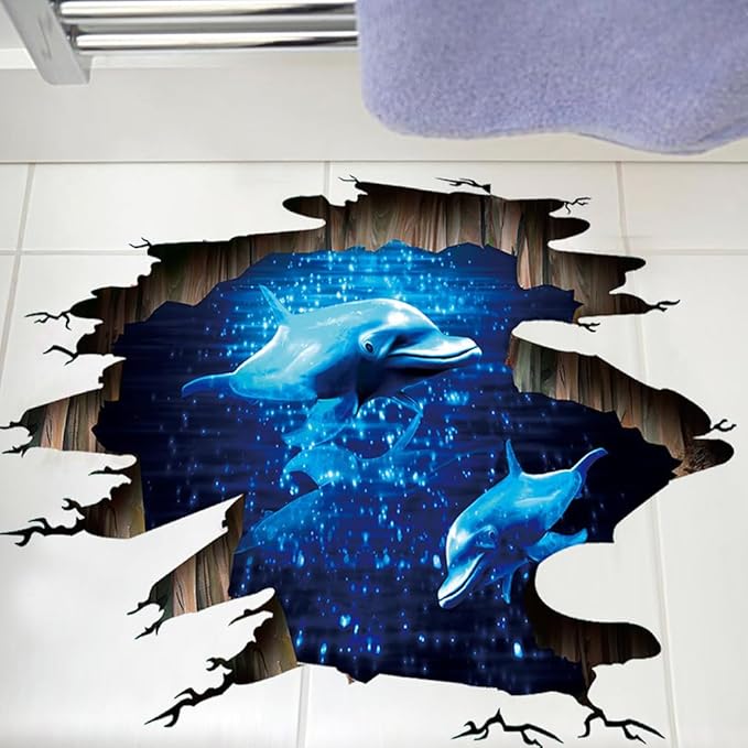 Quanhaigou 3D Wall Decals Stickers Wall Murals Wallpaper Decor for Home Floor Living Room (Blue Dolphin)-Ruum Studio Home