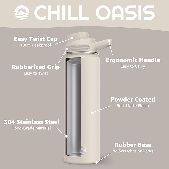 Chill Oasis Water Bottle | Compatible With Popular Flavor Cartridges | BPA Free, Leak Proof, Double-Walled Vacuum Insulated Stainless Steel, and Dishwasher Safe | Cold for 24 Hours (Beige, 22oz)-Ruum Studio Home