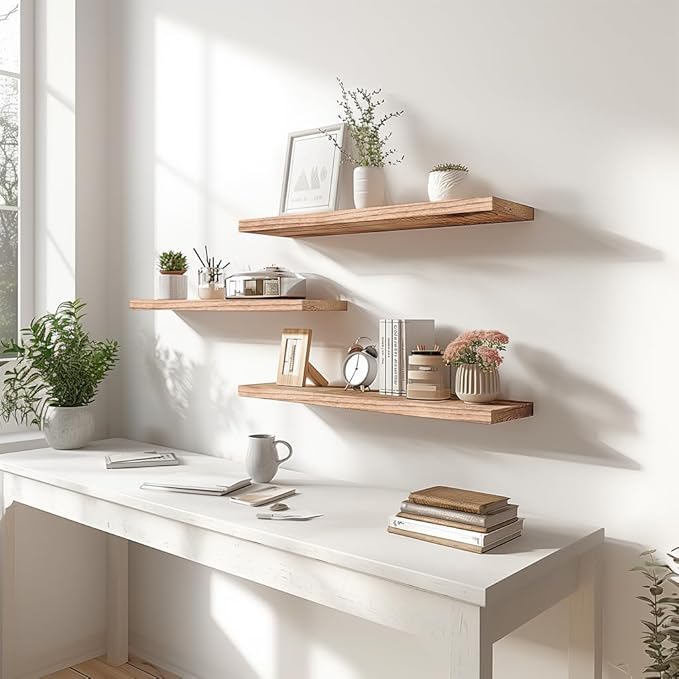 Light Wood Floating Shelves for Wall Rustic Wall Shelves for Bedroom Set of 6-Ruum Studio Home