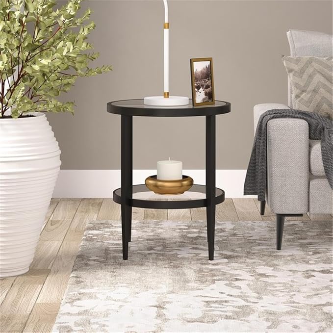 Henn&Hart 20" Wide Round Side Table with Glass Shelf in Blackened Bronze, Table for Living Room, Bedroom-Ruum Studio Home