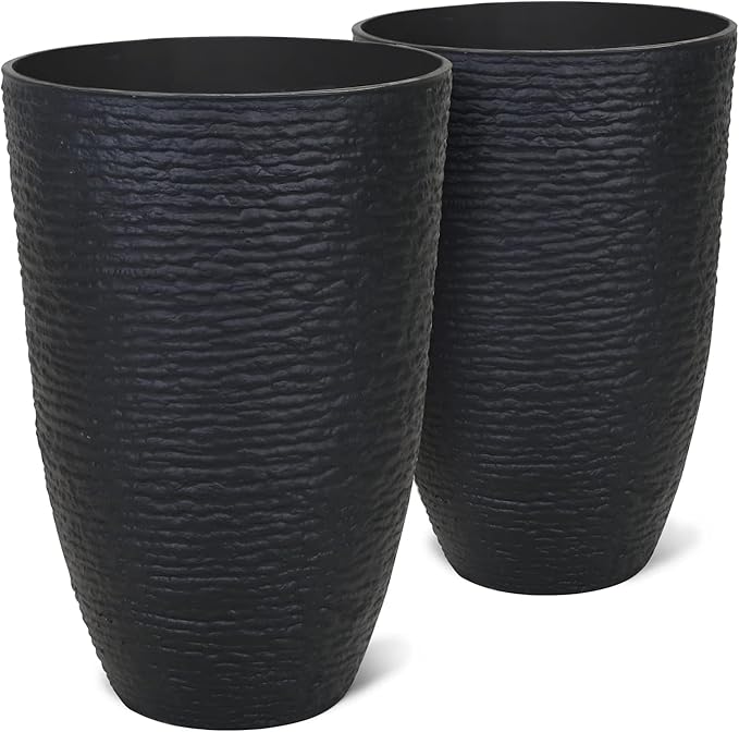 WORTH Garden 21" H Tall Planters 2 Pack - 14'' Dia Resin Large Round Black Flower Pots for Outdoor Plants Trees - Imitation Stone Finish Plastic Indoor Front Porch 9 Gallon Decorative Container Patio-Ruum Studio Home
