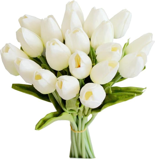 Mandy's Artificial Tulips 20 Stems White PU Faux Flowers for Wedding Home Decor 13.5 Inch-Ruum Studio Home