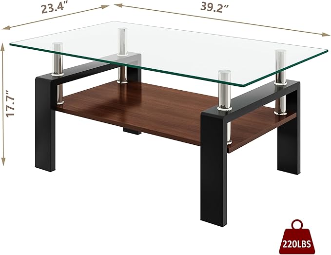 Tempered Glass Coffee Table Rectangle Living Room Center Table, with 39" Clear Top and Brown MDF Layer Black Metal Leg, for Small Space Apartment, Transparent+Brown-Ruum Studio Home