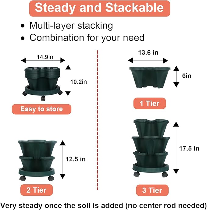 Vertical Planter 3 Tier Stackable Planters Garden Planters Strawberry Herb Flower and Vegetable Planter Indoor Outdoor Gardening Pots with Removable Wheels and Tools-Ruum Studio Home