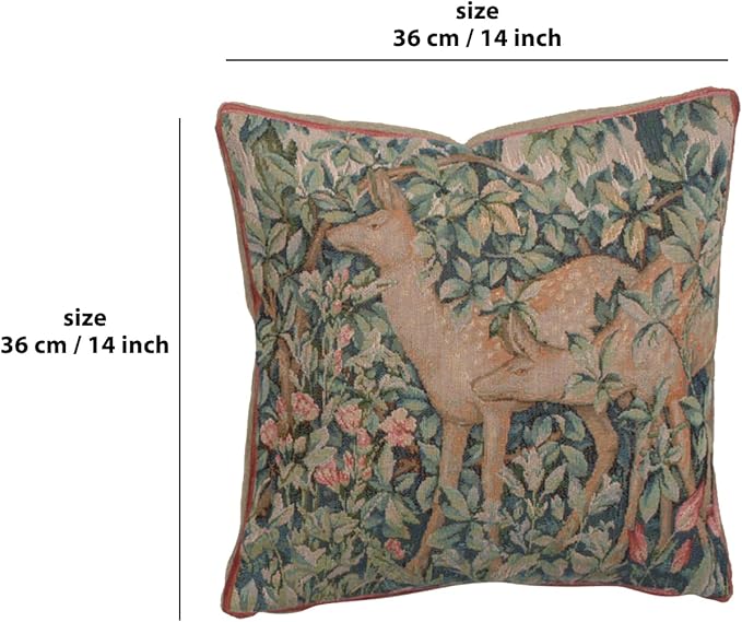 Charlotte Home Furnishings Decorative Tapestry Pillow Cover 14x14 in, Green Two Does Couch Throw Pillow Cover, French Country Square Cushion Cases for Bed Room Home Decor, Soft Cotton Jacquard Woven-Ruum Studio Home
