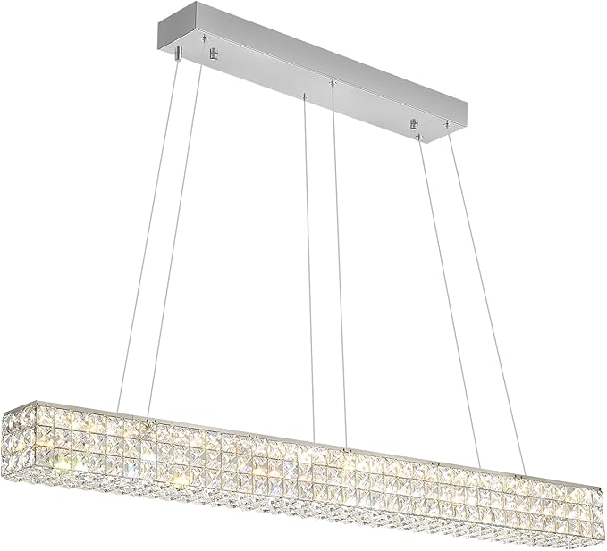 W48 Modern Rectangular Crystal Chandeliers Dining Room Chandelier,Silver Pendant Light Fixture with Remote Control for Living Room Kitchen Island-Ruum Studio Home