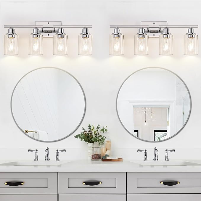 4 Light Bathroom Light Fixtures, Chrome Vanity Lights with Clear Glass Shades, Modern Bathroom Light Fixtures Over Mirror, Modern Bathroom Wall Lamp for Mirror Living Room Cabinet-Ruum Studio Home