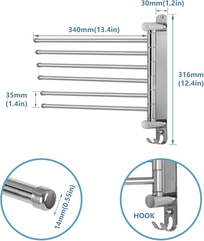 Towel Rack Wall Mounted JSVER Bathroom Towel Rack, Space Saving Towel Holder, Swivel SUS304 Stainless Steel Towel Bar, 180° Rotation 6 Arms Towel Racks for Bathroom-Ruum Studio Home