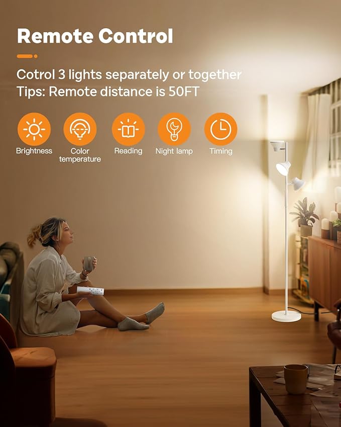 White Floor Lamp, 36W Modern Dimmable Standing Lamp 2700-6500K, 3 Rotatable LED Lights Reading Tall Lamp, Touch & Remote Control Floor Lamps for Living Room Bedroom Office-Ruum Studio Home
