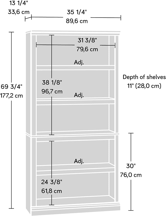 Sauder Miscellaneous Storage 5 Bookcase/Book Shelf, L: 35.28" x W: 13.23" x H: 69.76", Estate Black-Ruum Studio Home