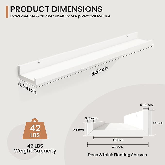 Fun Memories Picture Ledge Shelves Set of 2, 32 Inch Rustic Wall Mounted Floating Shelves with Lip for Home Storage and Décor in Bathroom, Kitchen, Nursery, Bedroom, Living Room, White-Ruum Studio Home