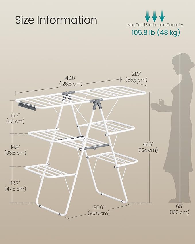SONGMICS Clothes Drying Rack, Foldable 3-Level Laundry Rack, Free-Standing Large Drying Rack, with Height-Adjustable Wings, 39 Drying Rails, Sock Clips, White and Gray ULLR054W01-Ruum Studio Home