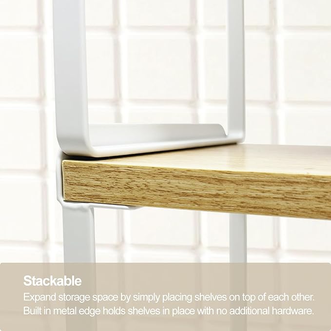 Mitus Shelf Organizer and Storage, Stackable Tiered Wood Cabinet Rack for Countertops, Desktops, Cabinets (Set of 2) 16" Wide Natural Oak and White-Ruum Studio Home