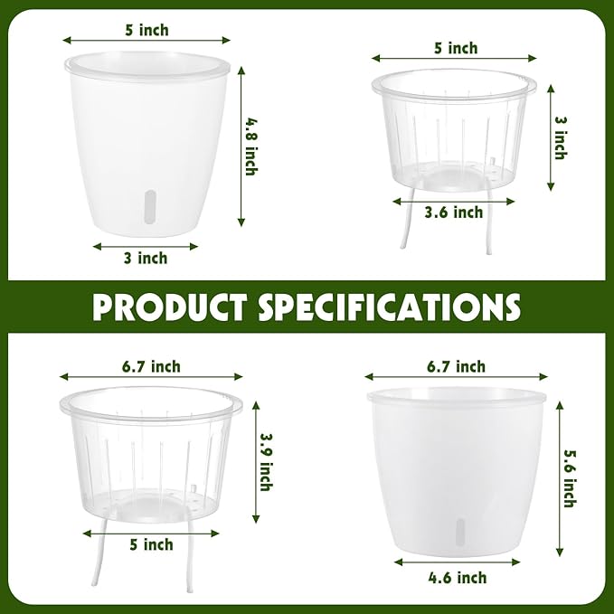 Self Watering Pots for Indoor Plants, 6-Pack 5'' Self Watering Planter with Drainage Holes, Small African Violet Pots with Water Indicator, Clear Wick Orchid Pot, White-Ruum Studio Home