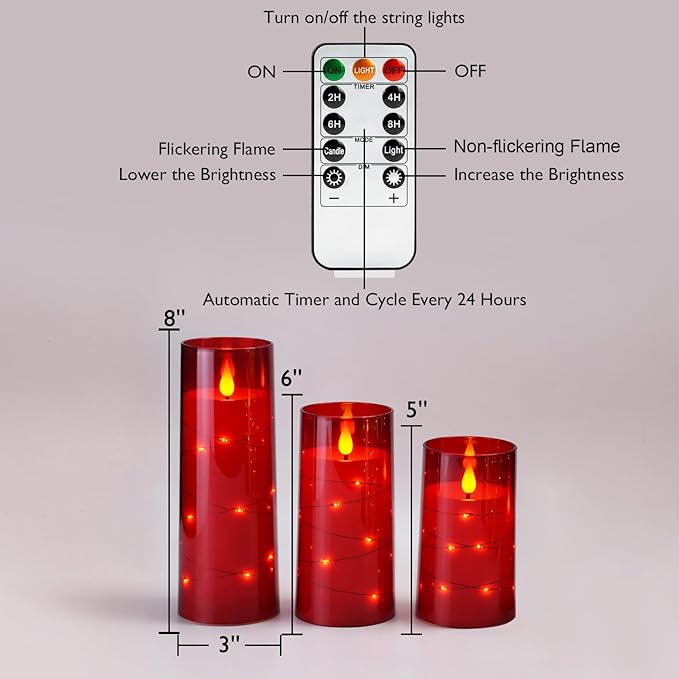 Homemory 9 Pcs Flameless Candles with Embedded Star String Fairy Lights, Battery Operated Candles, LED Candle, Fake Candles with Remote Control and Timer (Red)-Ruum Studio Home