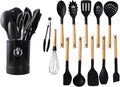 13-Piece silicone utensil set wood handle nonstick cookware safe dishwasher safe kitchen tools BPA free heat resistant (450°F/230°C) ceramic pan safe cooking gifts housewarming (Black)-Ruum Studio Home