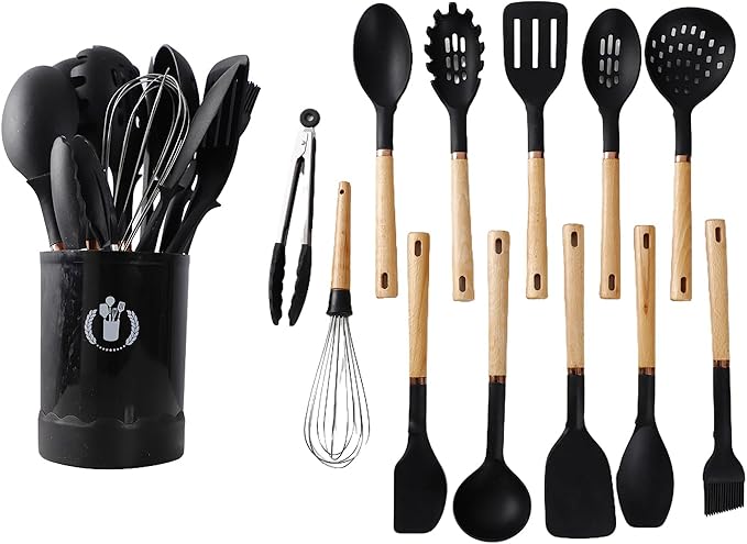 13-Piece silicone utensil set wood handle nonstick cookware safe dishwasher safe kitchen tools BPA free heat resistant (450°F/230°C) ceramic pan safe cooking gifts housewarming (Black)-Ruum Studio Home