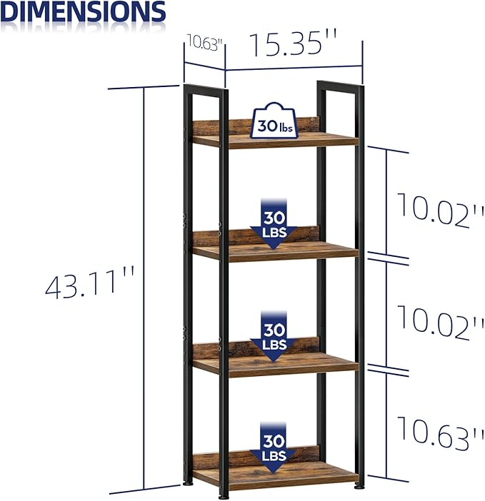 NUMENN Narrow Bookshelf, 4 Tier Bookshelves, Home Office Bookcase Shelf Storage Organizer, Free Standing Storage Shelving Unit for Bedroom, Living Room and Home Office, Vintage-Ruum Studio Home
