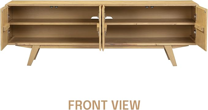 NTC Sapa Mid-Century Modern Solid Wood TV Stand 4-Door Media Console with Carved Geometric Fronts for TVs up to 75", Effortless Assembly, Sand-Ruum Studio Home