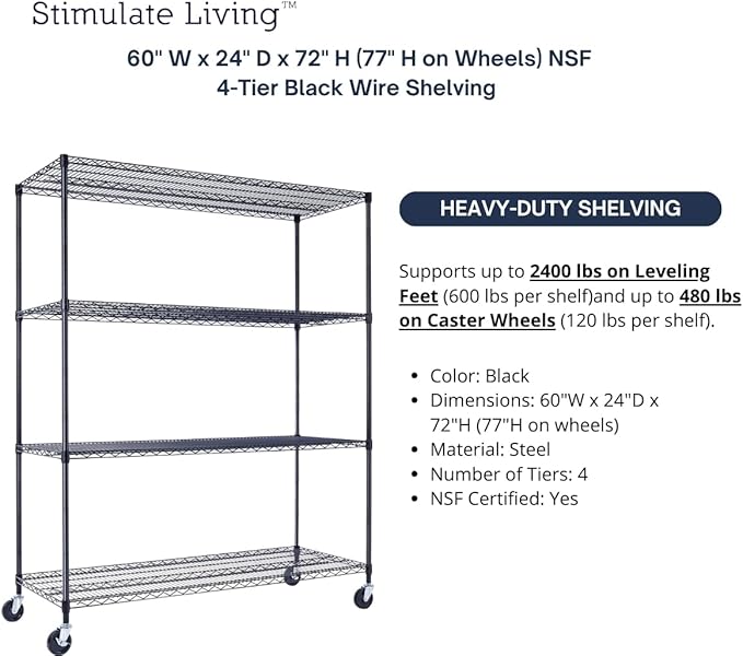 60"x24"x72" PRIME HEAVY DUTY Black 4-Tier Wire Shelving NSF 2400 LBS MAX Capacity Storage Rack for Commercial, School, Home, Garage, Warehouse, Industrial, and Hospital Uses (with Wheels)-Ruum Studio Home