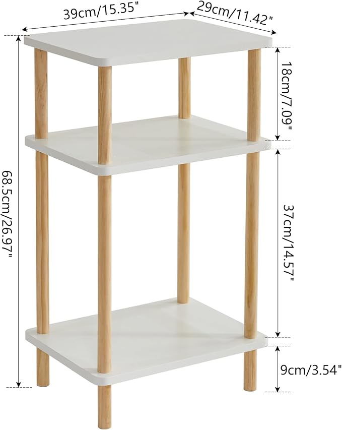 IBUYKE 3-Tier Side Table, Solid Wood Tall End Table with Storage Shelves, Nightstand Bedside Table for Living Room Bedroom Office, No-Tool Assembly, White UWST003W-Ruum Studio Home