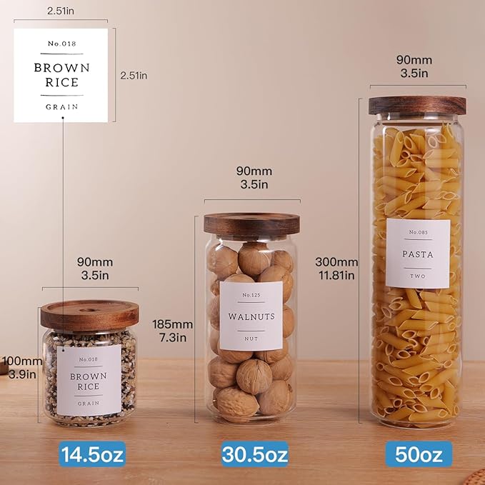 5 Set Glass Pantry Storage Jars with Acacia Airtight Lid - Thicken Glass Kitchen Canisters with 132 Pantry Labels - Clear Glass Food Storage Containers with Wood Lid for Tea,Sugar,Candy,Cookie,Pasta-Ruum Studio Home