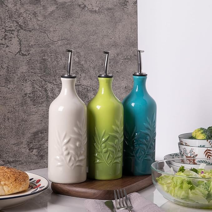 Sweejar Ceramic Olive Oil Dispenser Bottle, 20 Oz Relief Opaque Oil Cruet Protects Oil To Reduce Oxidation, Storage Oil, Vinegar, Soy Sauce, Coffee Syrup, Liquids, Set of 1 (Gradient Green)-Ruum Studio Home