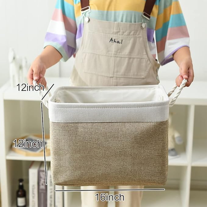 TheWarmHome Organization and Storage Basket for Gifts Empty - 16x12x12 inch Cube Storage bin 3 Pack Fabric Storage Cubes, Collapsible Baskets for Organizer Closet Cloth Gift Toy (White & Khaki)-Ruum Studio Home