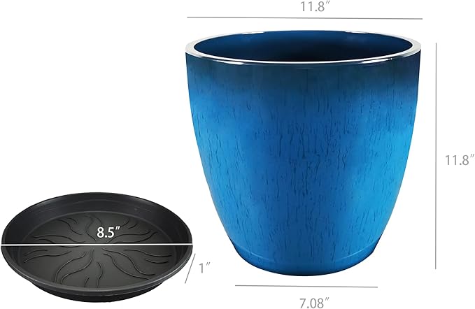 FixtureDisplays® Garden Plastic Round 11.8" Diameter 12" Tall Planter Resin Glazed Faux Ceramic Flower Pots Drainage Hole with Saucer Decorative Pot 15580-NF-Ruum Studio Home