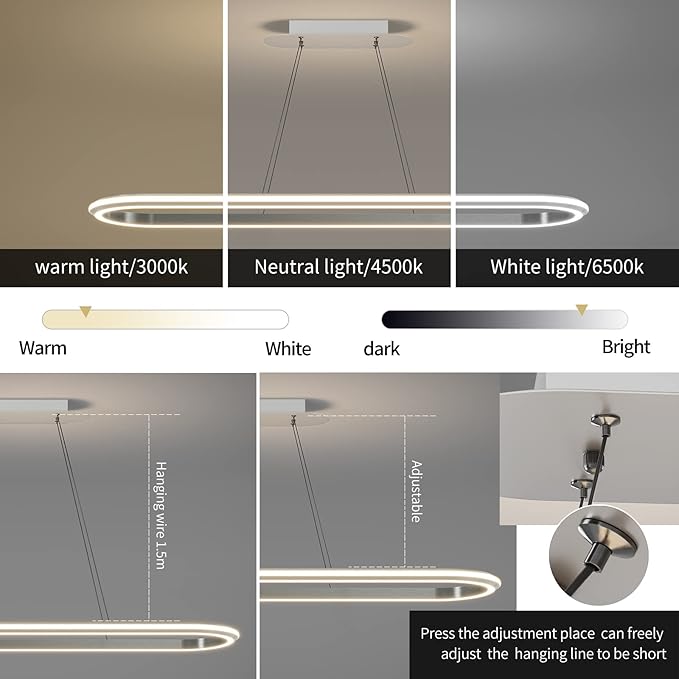 Island Lights, Linear Pendant Light LED Dimmable Hanging Light Fixture, 3000K-6000K with Remote Control,Chandeliers for Dining Room‎(Silver,43.3IN)-Ruum Studio Home