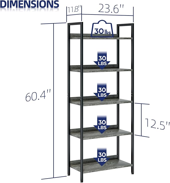 NUMENN Bookshelf, 5 Tier Bookshelves, Home Office Bookcase Shelf Storage Organizer, Free Standing Storage Shelving Unit for Bedroom, Living Room and Home Office, Dark Grey-Ruum Studio Home