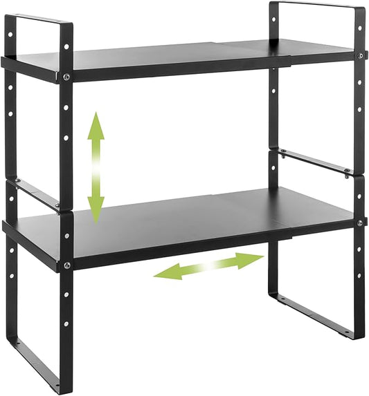 Expandable Cabinet Shelf Organizer Rack, Stackable Kitchen Countertop Organizer Storage Shelves, Adjustable Height Pantry Counter Shelf Riser Spice Rack (Black, 2 Pack)-Ruum Studio Home