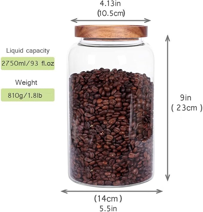 Large Glass Food Canisters, 93 FL OZ(2750ml) Kitchen Serving Stoarge Container with Airtight Wooden Lids, Cereal Dispenser Jars for Spaghetti Pasta, Powder, Spice, Tea, Coffee(8.8inch high)-Ruum Studio Home