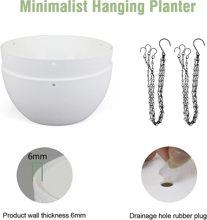 8 inch Small Hanging Planters for Indoor Outdoor Plants, 2 Pack Hanging Flower Pots with Drainage Holes and Chain for Garden Porch Plants, Plastic Hanging Baskets for House Plants, White-Ruum Studio Home